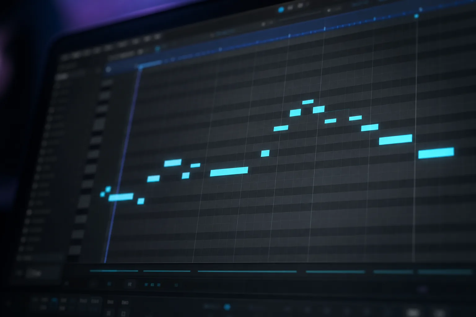 Cinematic close-up of a generated melody in a piano-roll MIDI editor illustrating musical element workflows