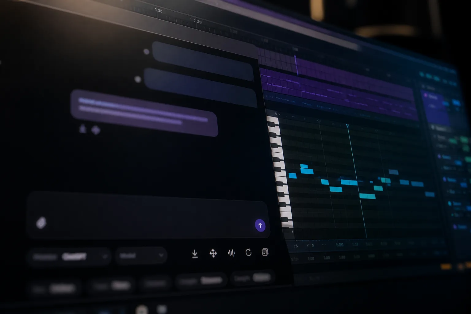 Cinematic close view of a MIDI Agent prompt panel leading toward piano-roll notes in a DAW workflow