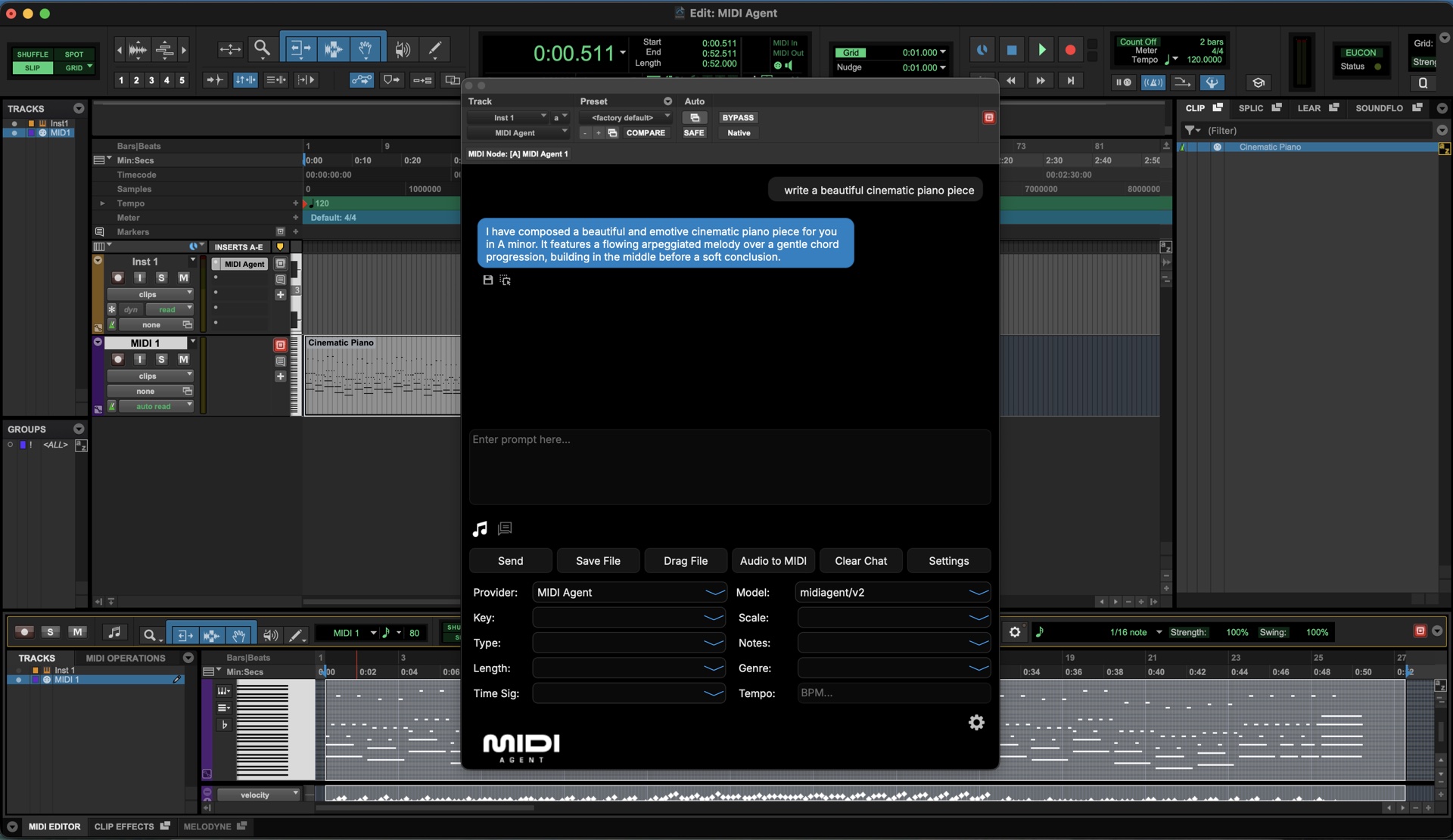 MIDI Agent native AAX plugin loaded in Pro Tools session
