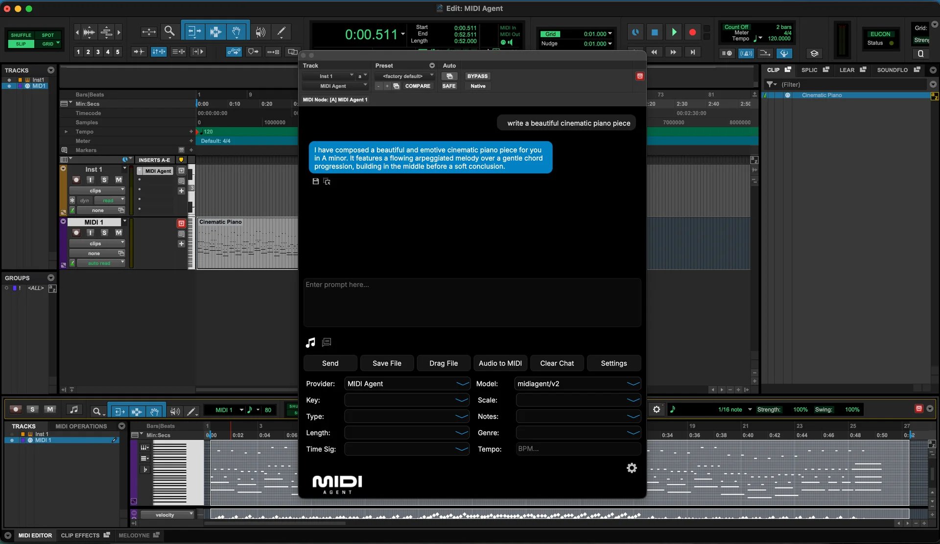 MIDI Agent running in a Pro Tools plugin workflow