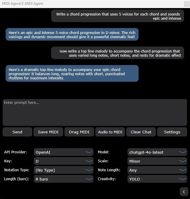 MIDI Agent VST plugin interface showing a text prompt input field and generated MIDI piano roll in a digital audio workstation
